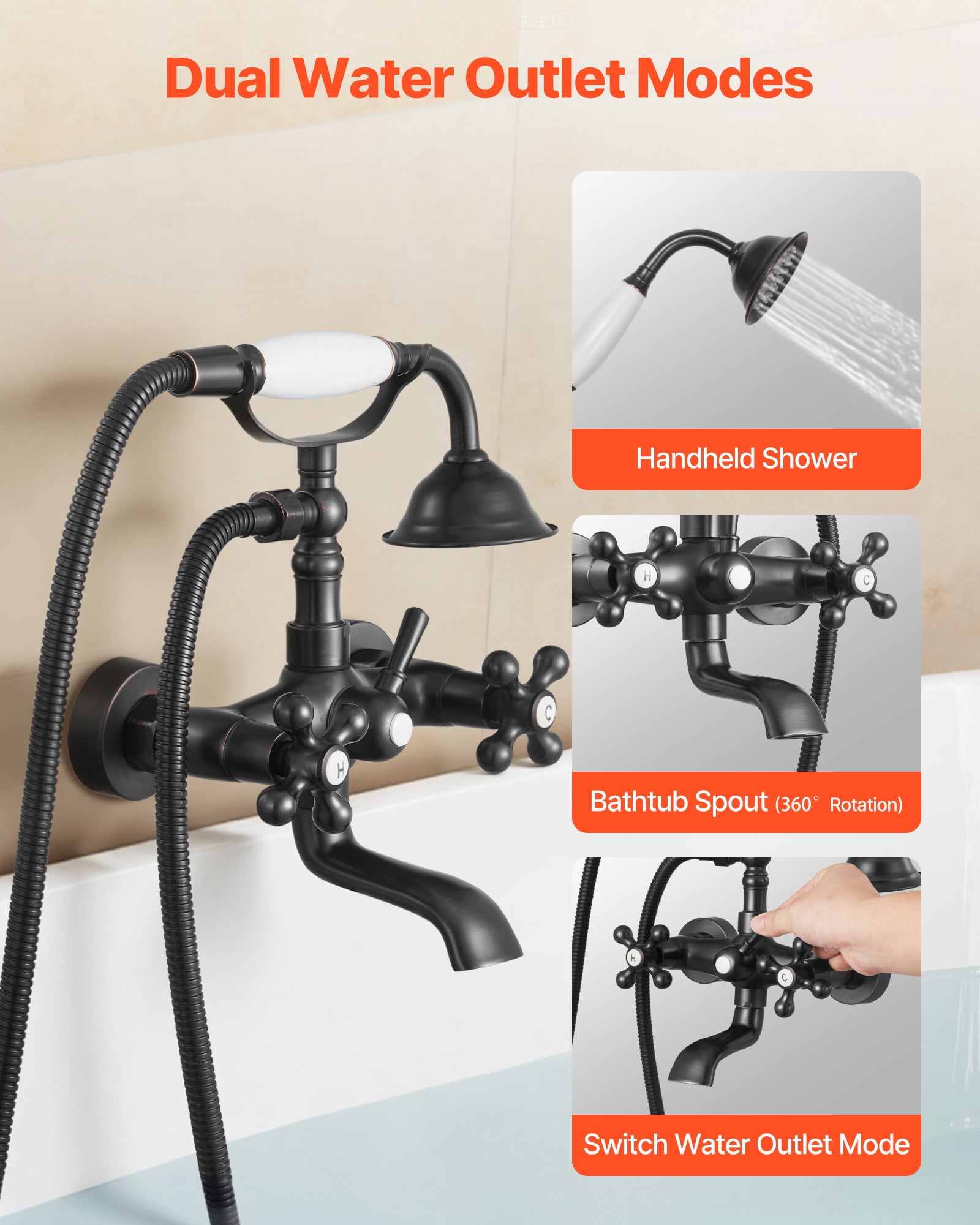 VEVOR Clawfoot Tub Faucet,Wall Mount Bathtub Faucets with Handheld Shower,Vintage Oil-Rubbed Bronze Clawfoot Tub Filler Faucet Shower Kit with Adjustable Swing Arms & 360° Rotation Spout for Bathtubs