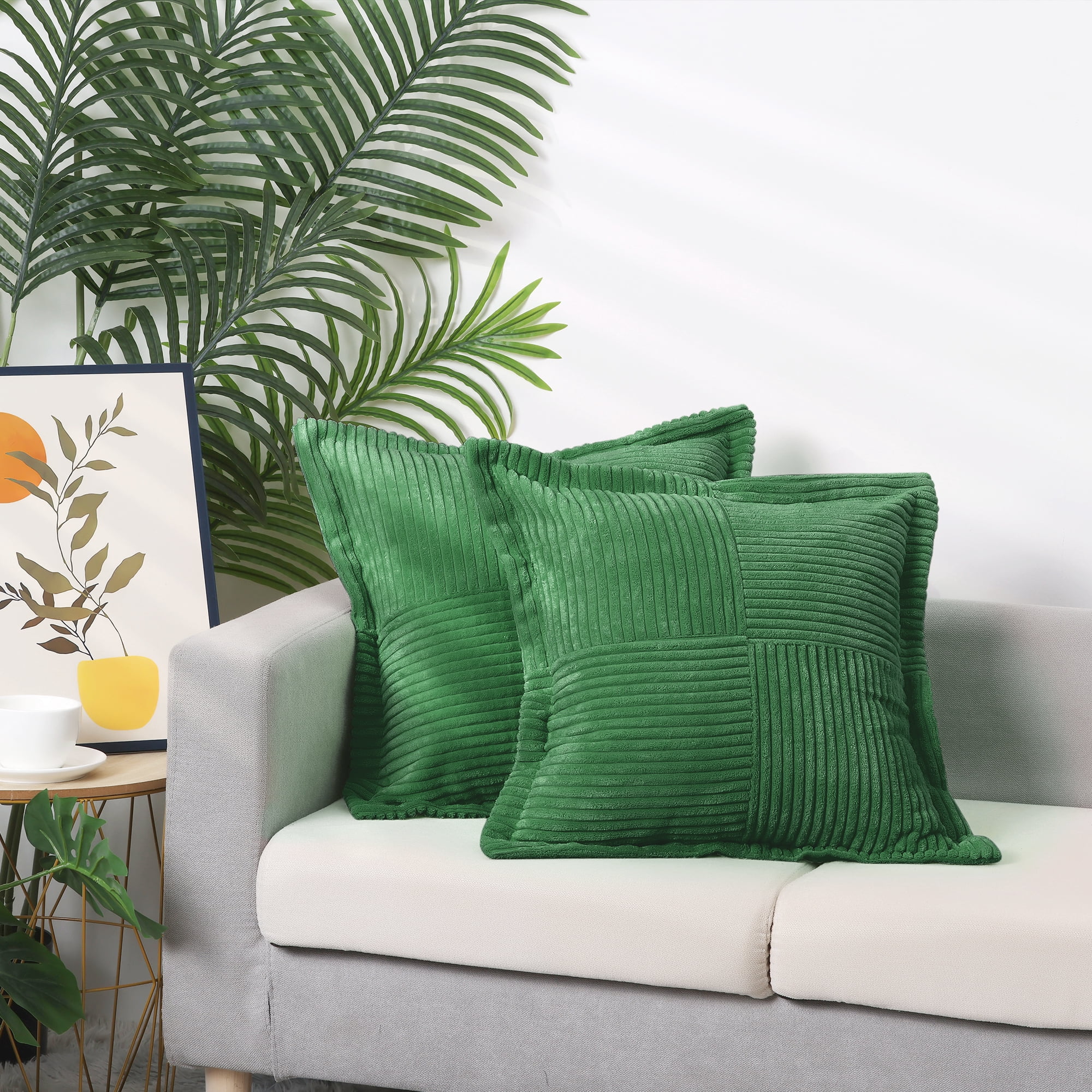 Unique Bargains 4 Pcs Solid Corduroy Throw Pillow Covers Wide Bordered Pillowcase Green/Grey 18" x 18"