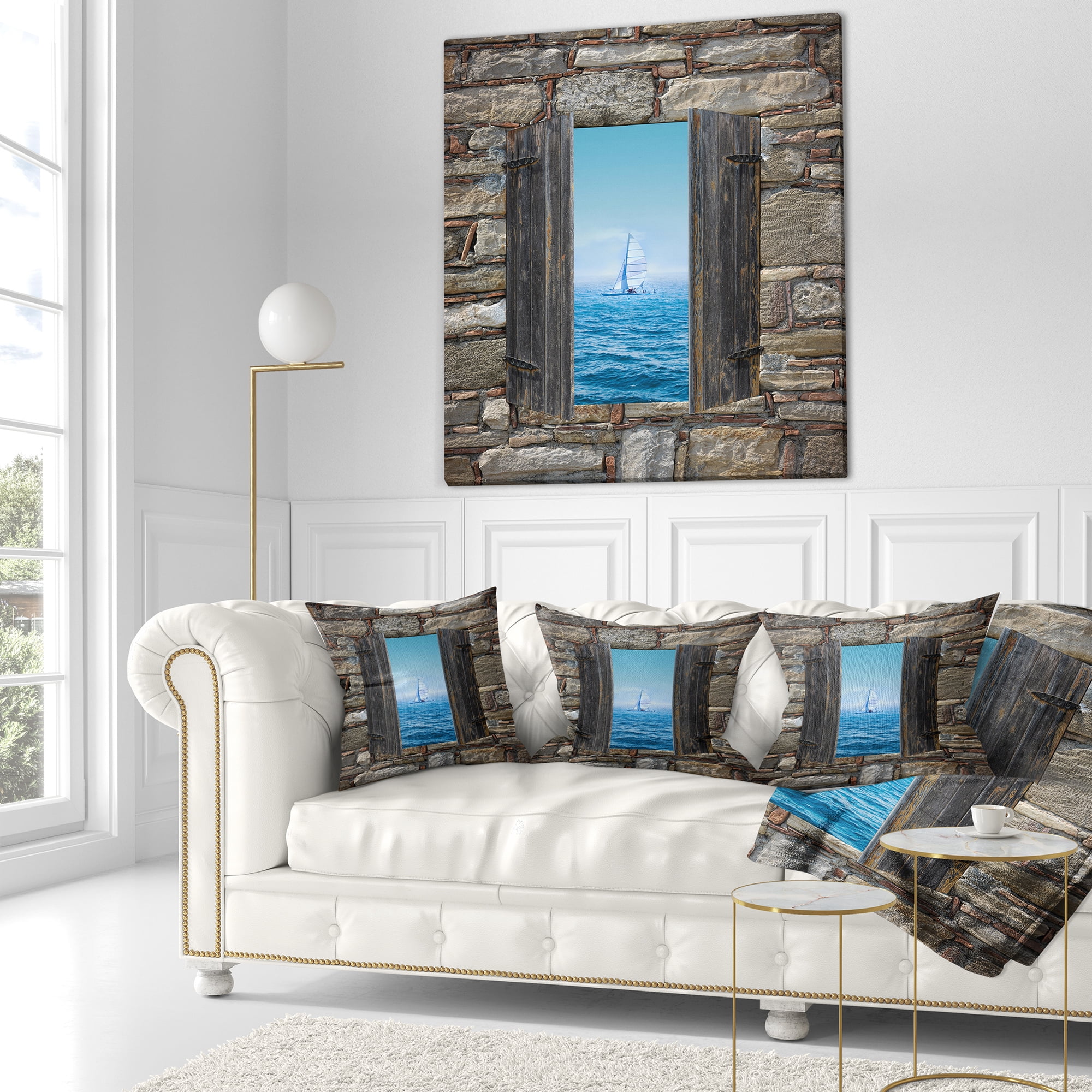 Designart Window Open To Sailing Boat - Seascape Throw Pillow - 18x18