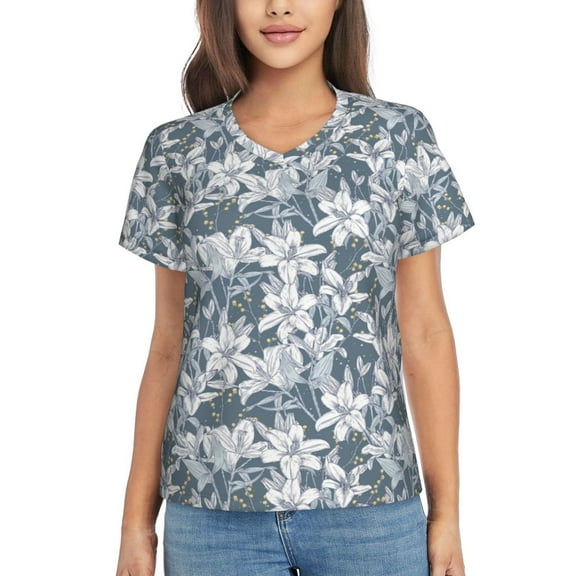 Xecao Lilies Flowers for Women's V-Neck T-Shirts-Elegant Half-Sleeve Tops Perfect for Summer-Small