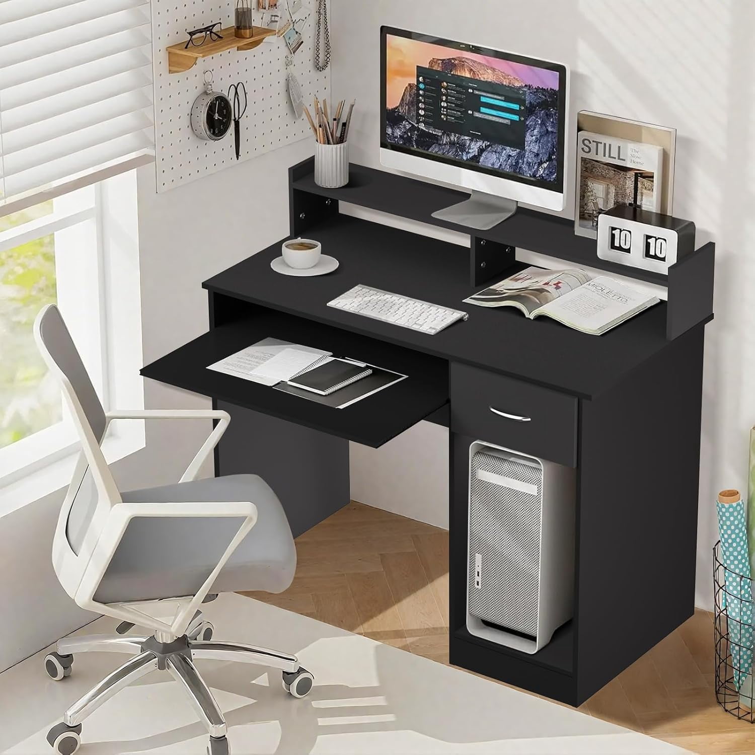 Dkelincs 43" Office Computer Desk with Drawer & Monitor Shelf & Keyboard Tray, Study Writing Desk Gaming Desk Executive Table for Home Office, Black