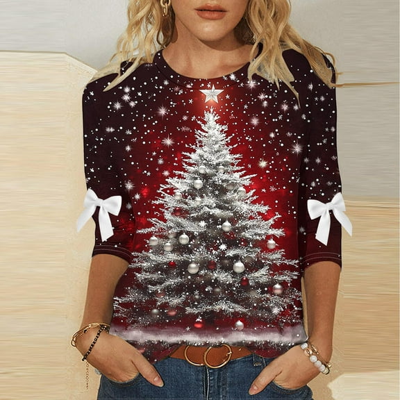 Women's Plus Size Christmas Round Neck Three-Quarter Sleeve Casual Loose Blouse