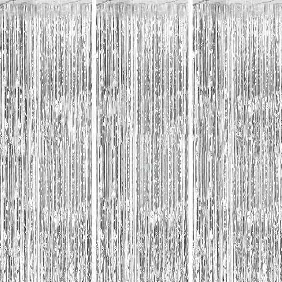 3 Pack Metallic Tinsel Foil Fringe Curtains, Silver Party Streamer for Birthday Party Decorations, Halloween Decor, Foil Curtain for Bachelorette Party,3.2ft x 6.5ft