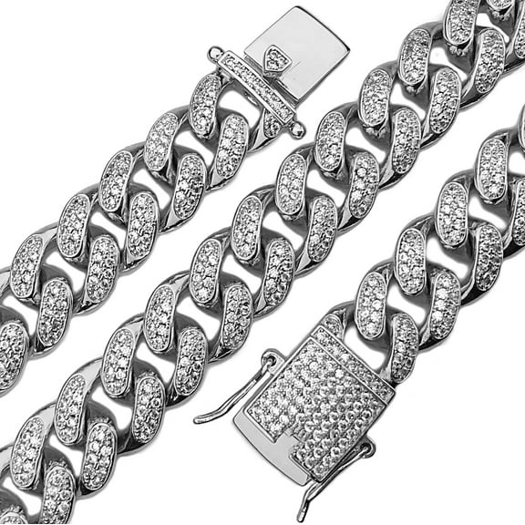 Men's 14K White Gold Plated Choker CZ Bling Micro Pave Heavy Hip Hop Cuban Chain 18" x 12MM Necklace