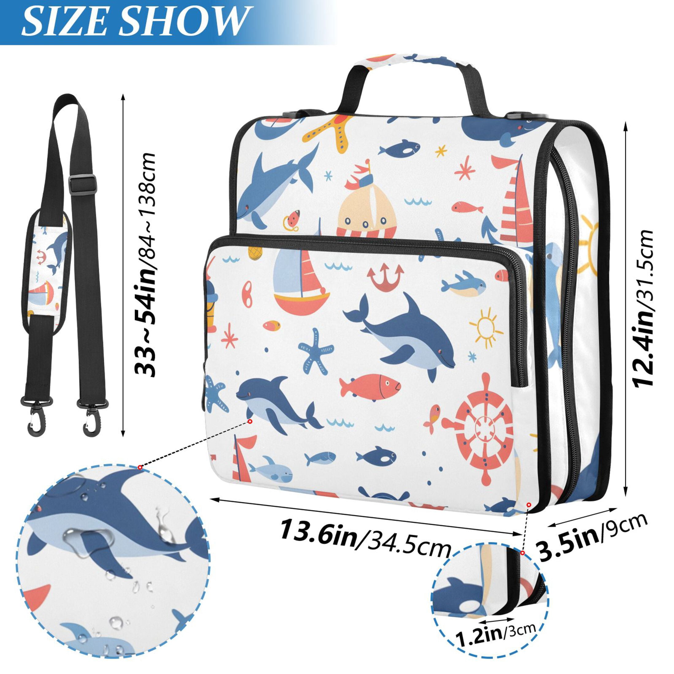 3 Ring Zipper Binder with Shoulder Strap Waterproof Trapper Keeper 2 Inch D-Ring 500 Sheets Capacity Dolphin Sailboat Starfish Fish
