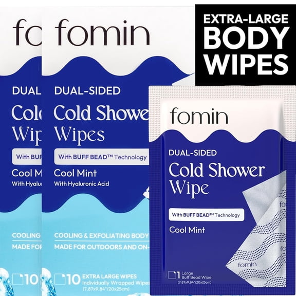FOMIN Travel Cold Shower Wipes - 20 Pack Individually Wrapped - No Rinse XL Bathing Wipes with Vitamin E - Fragrance-Free Full Body Wipes for Adults - Waterless Bath Wipes for Hygiene, Camping, & Gym