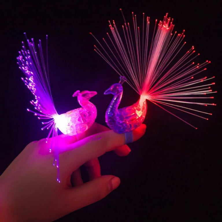 2pcs Peacock Finger Light Colorful LED Light Rings Party Gadgets Kids  Intelligent Toys Finger Discoloration Peacock Fiber Optic Light with