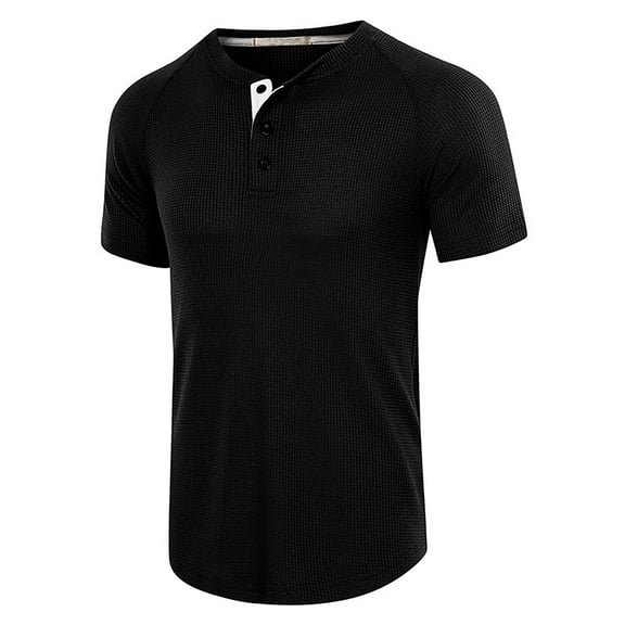 Honeeladyy Sales Men's Casual Soft Athletic Regular Fit Short Sleeve Henley Shirt Basic Short Sleeve T-Shirt Solid Comfy Button Blouse Black