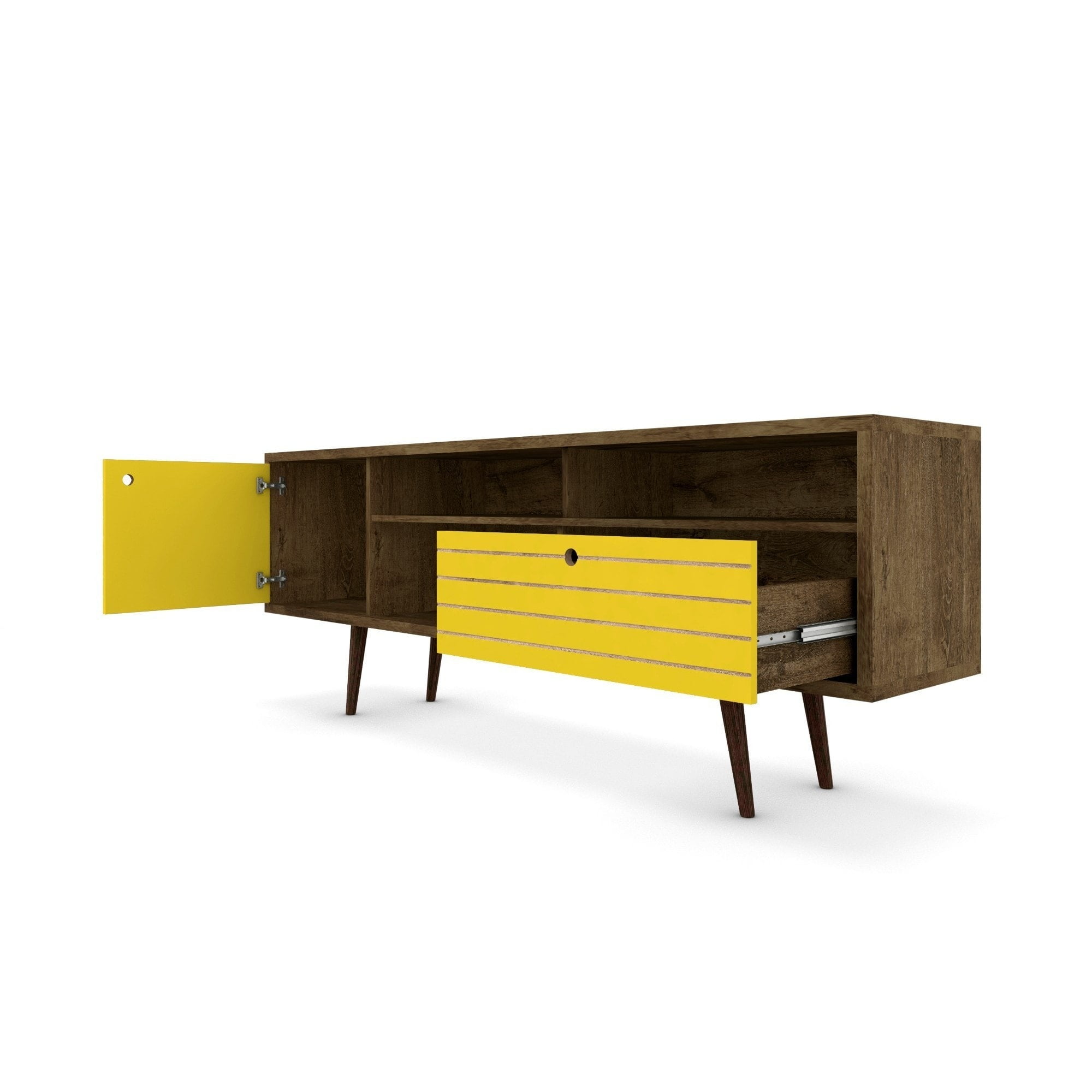 Manhattan Comfort Liberty 70 86 Mid Century Modern Tv Stand With 4 Shelving Spaces And 1 Drawer Solid Wood Legs