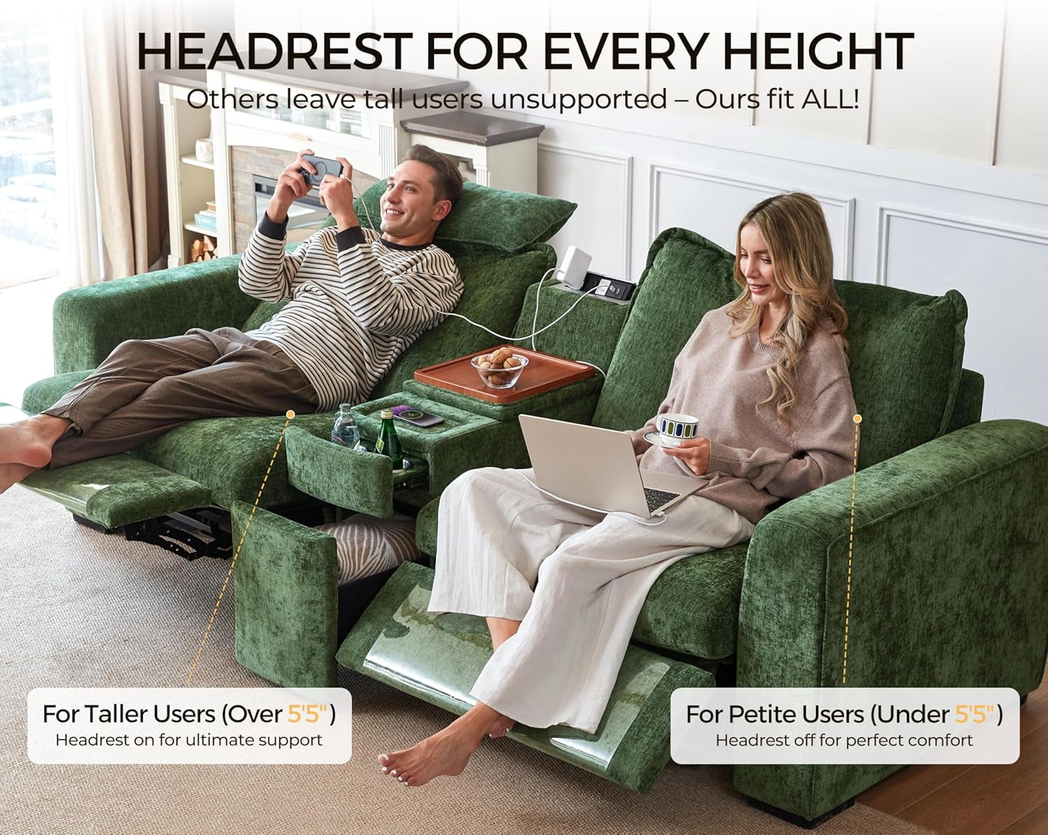 BEDEEP 125'' Power Recliner Sofa with Headrest, Modular Cloud Sectional Chenille Reclining Couch with Storage Ottoman Chaise, Convertible 4-Seater Sofa Couch for Living Room RV, Green