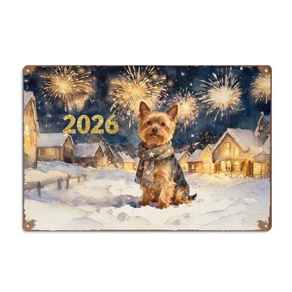 Yorkshire Terrier Happy New Year 2026 with Fireworks on New Year's Eve Horizontal Metal Aluminum Sign Yorkie Dog Lover Gifts Wall Art Home Decor - 12022