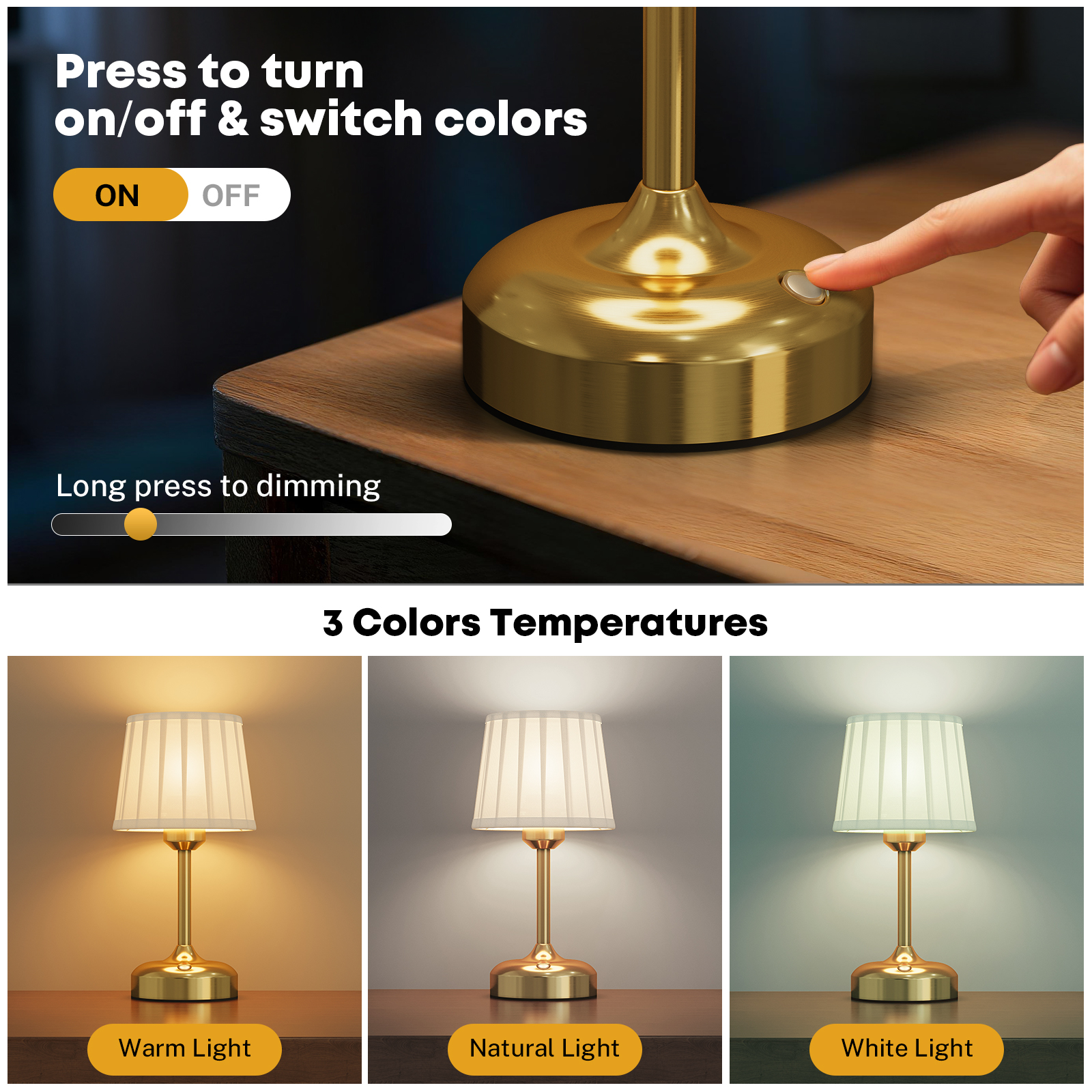 Cordless Rechargeable Table Lamp with Fabric Shade, Battery Operated Lamp, 3 Color Temperature, Touch Stepless Dimmable Desk Light for Bedroom Restaurant Dining Bedside