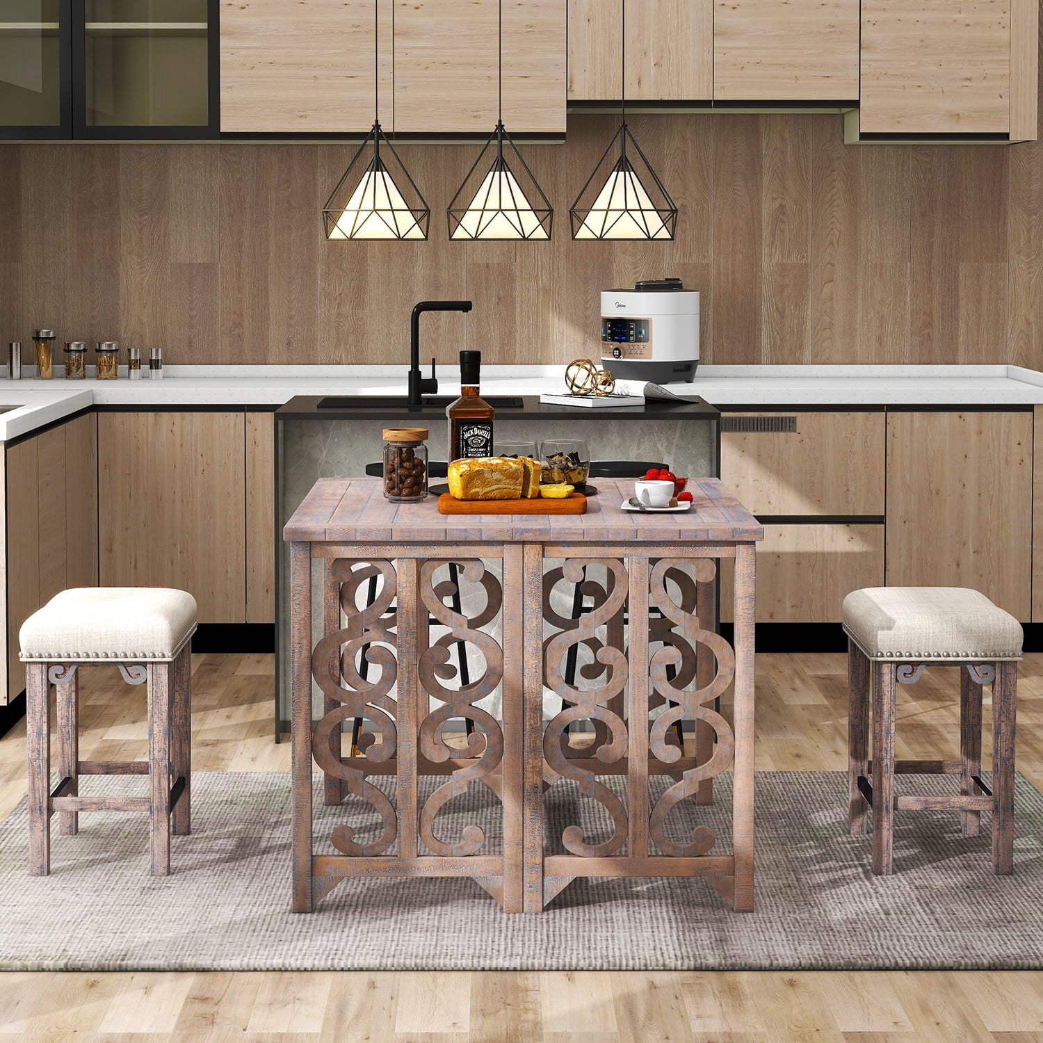 Kadyn 3-Piece Retro Dining Set, Foldable Table and 2 Saddle Stools Set, Solid Wood Counter Height Pub Set for Kitchen, Distressed Brown Kadyn 3-Piece Retro Dining Set, Foldable Table and 2 Saddle Stools Set, Solid Wood Counter Height Pub Set for Kitchen, Distressed Brown
