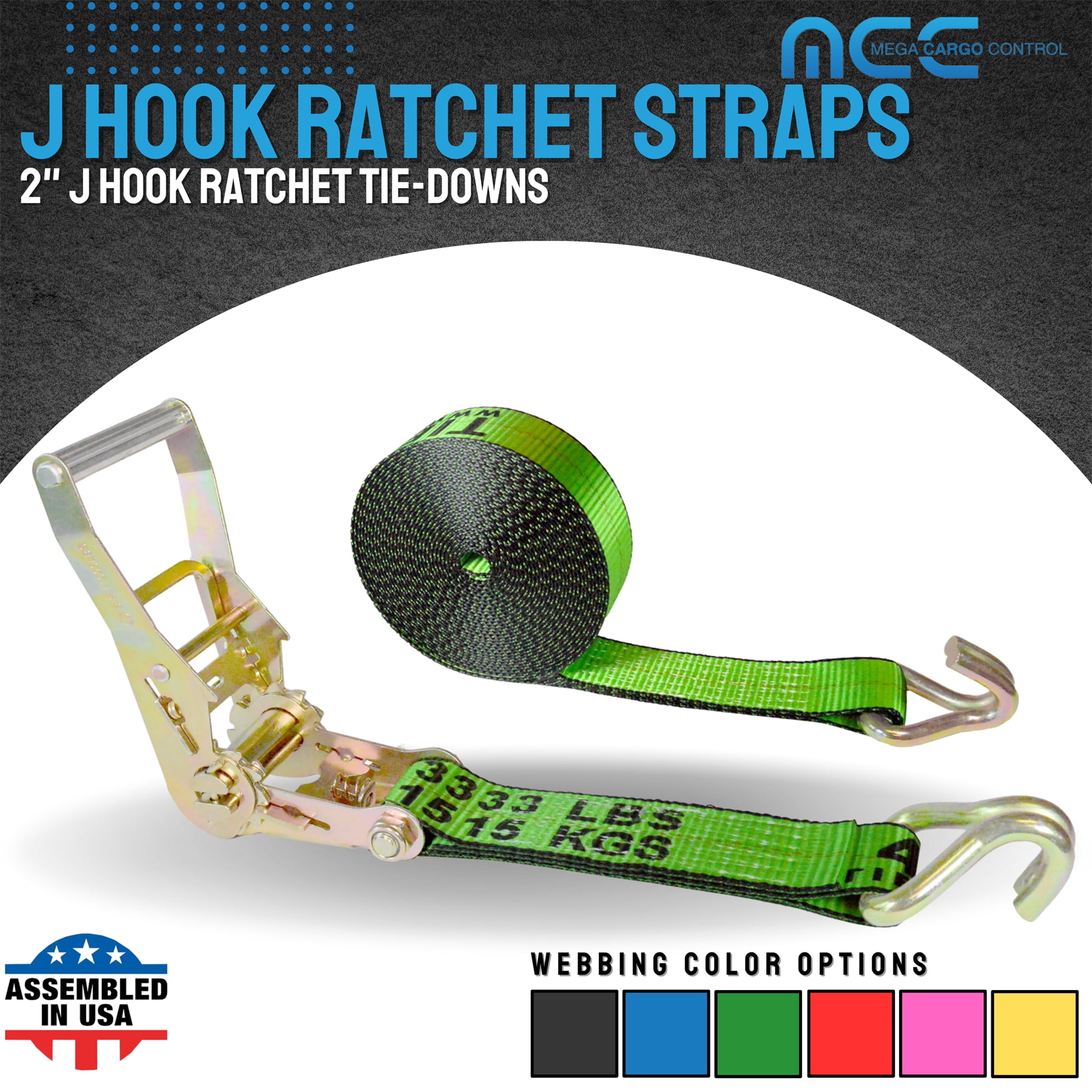 Mega Cargo Control USA Heavy Duty 2" x 60' Ratchet Strap J Hook Flatbed Truck Farm Tie Down 4 Pack