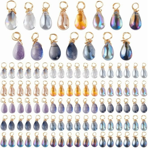 120pcs Dangle Charms 15 Colors Teardrop Charms 15mm Transparent Glass Pendants Gold Wire Wrapped Dangle Bead for Necklace Earring Bracelet Jewelry Making