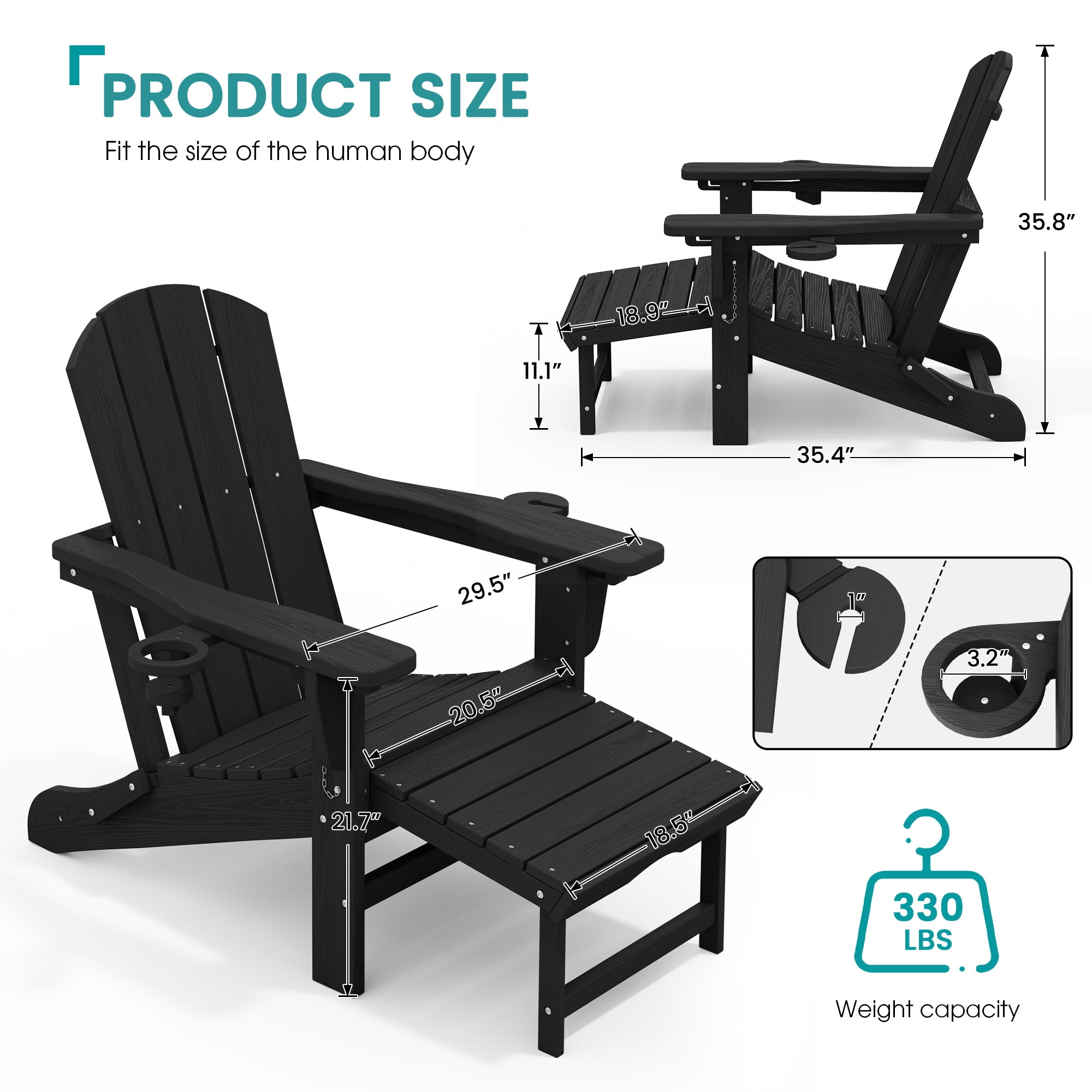 KINGYES Folding Adjustable Adirondack Chair with Retractable Ottoman & 2 Cup Holders for Patio Garden, Black