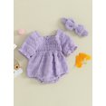 thumbnail image 3 of Suealasg Newborn Baby Girls Romper Puff Short Sleeve Ruched Bodysuit Smocked Jumpsuit with Headband Summer Clothes, 3 of 9