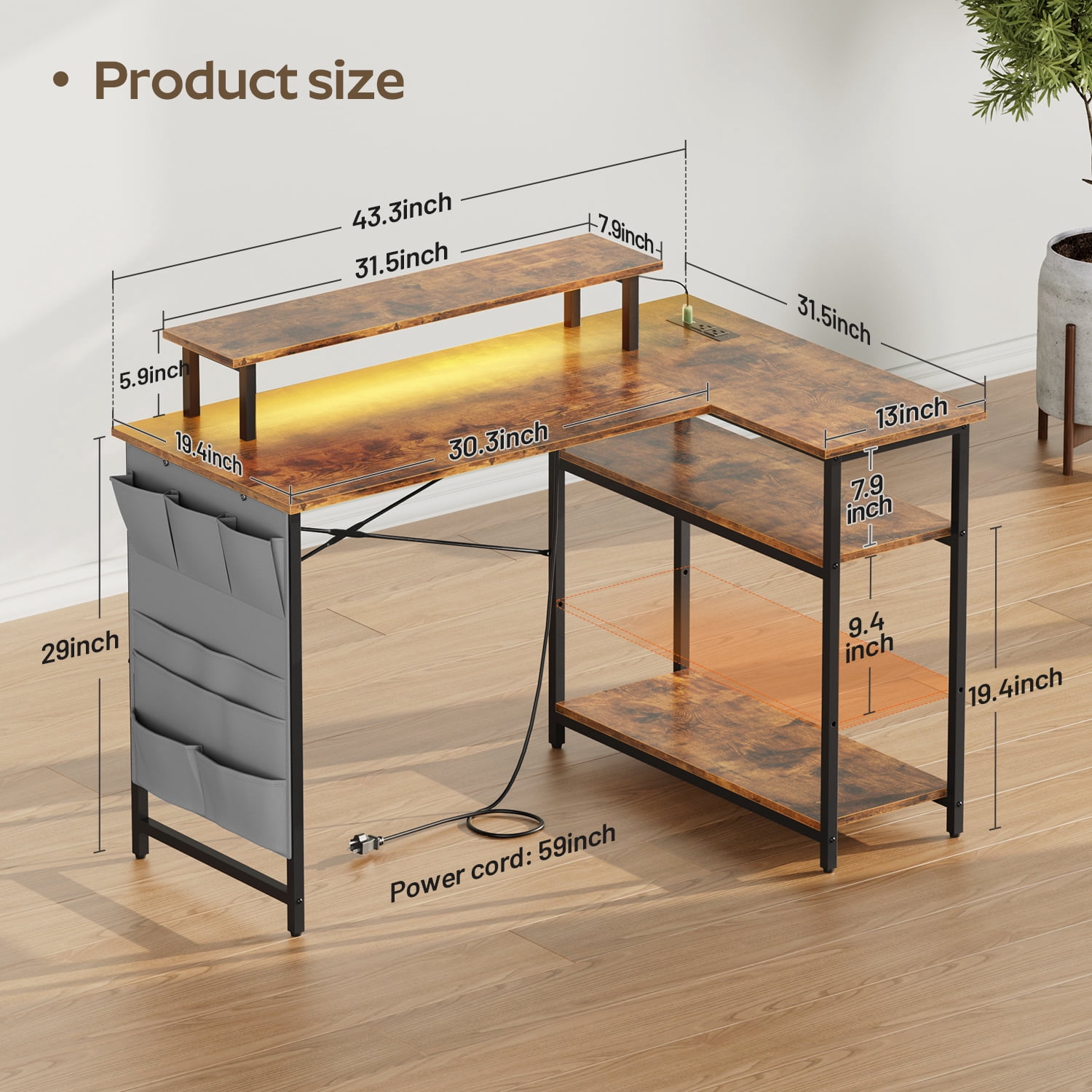 HLDIRECT 43 Inch L Shaped Computer Desk with Power Outlet, Gaming Corner Desk with LED Lights, Home Office Table with Storage Shelves & Monitor Stand, Rustic Brown