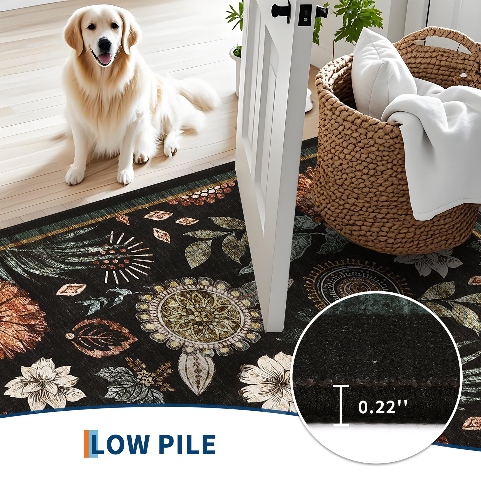 HOMERRY Floral Print Non Slip Area Rug 9' x 12' for Living Room Washable Indoor Carpet, Black