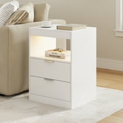 White Nightstand with LED Lights,Wireless Charging Station,2 Drawers, Modern Wooden Sofa Bedside Table,End Side Table with Pull-Out Shelf,Living Room Bedroom