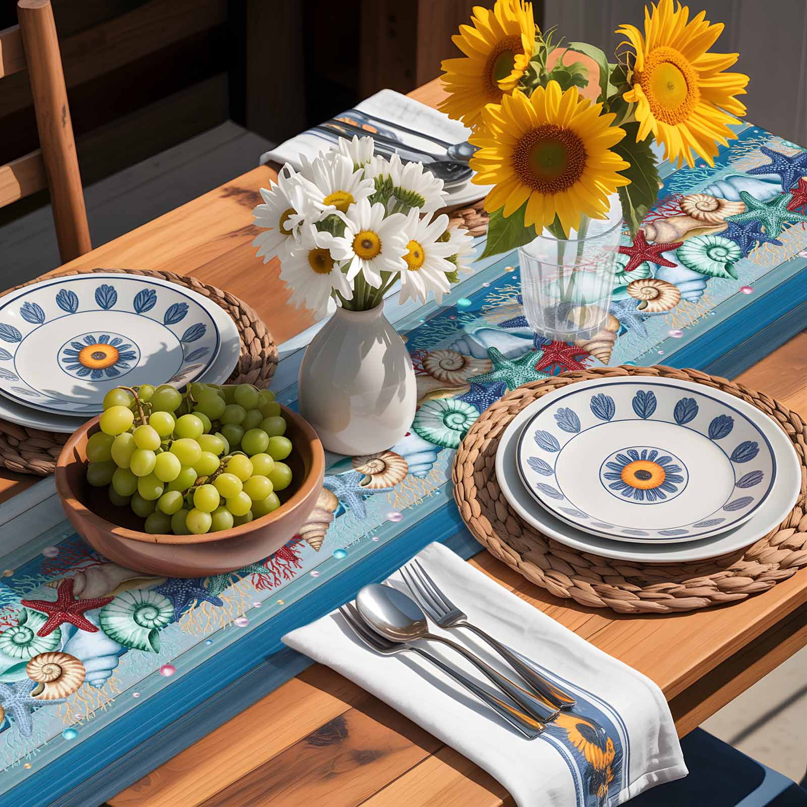 Watercolor Marine Life Starfish Table Runner 90 Inches Long, Blue Wood Grain Table Runners Tabletop Scarf Kitchen Dining Tables Decoration for Home Party Indoor Outdoor