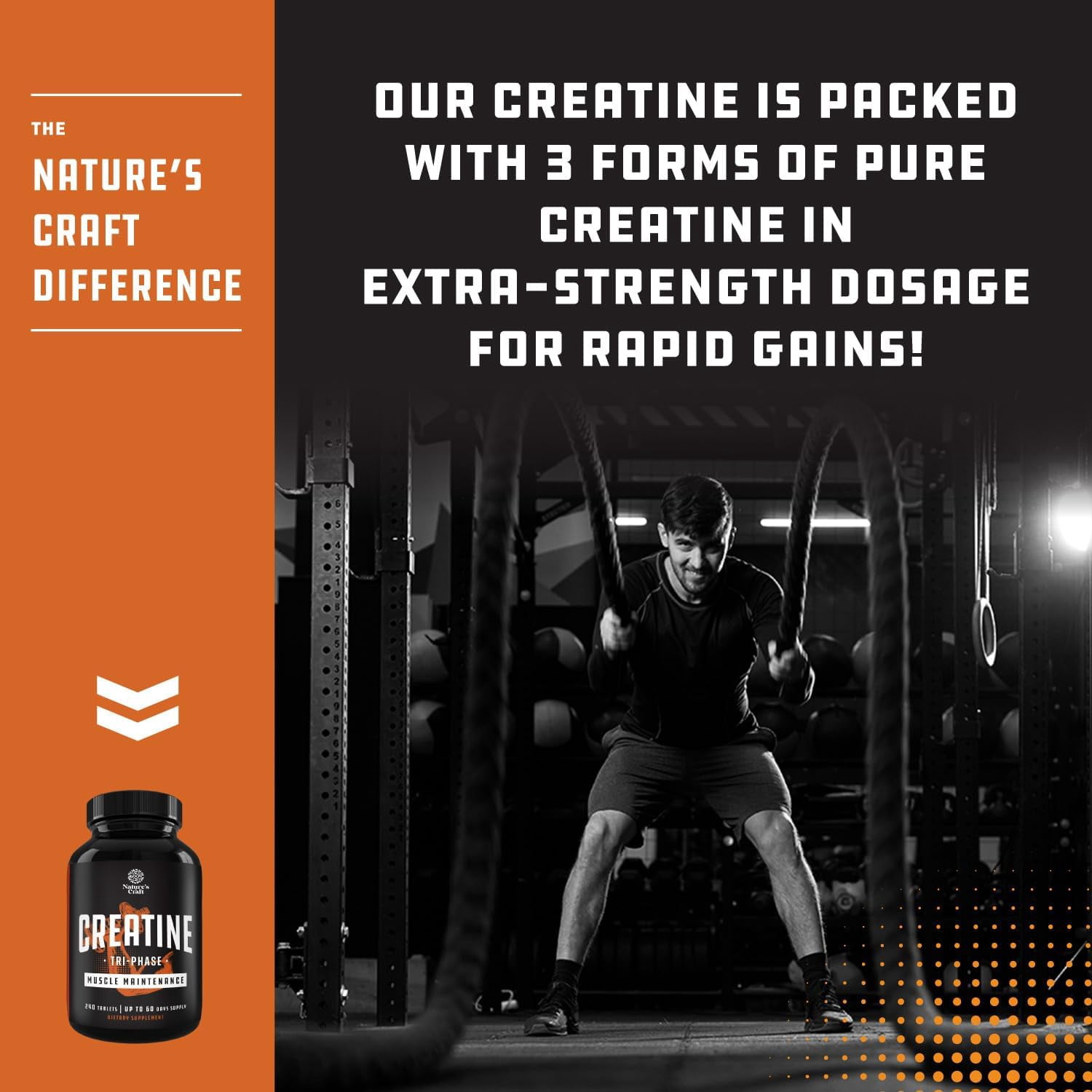 Natures Craft Tri-Phase Creatine Supplement for Muscle Recovery & Muscle Building, 240 Capsules