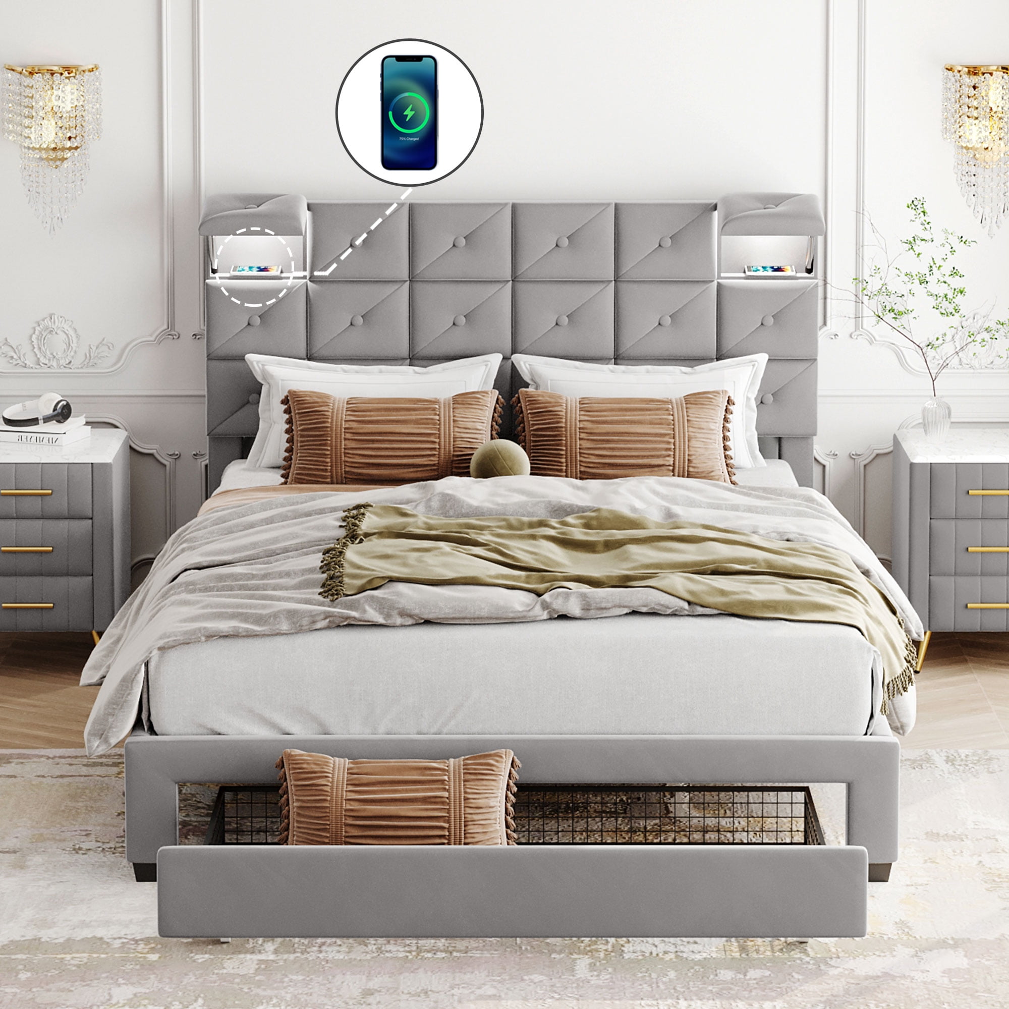 Velvet Upholstered Storage Bed Frame with a Big Drawer, Two Wireless