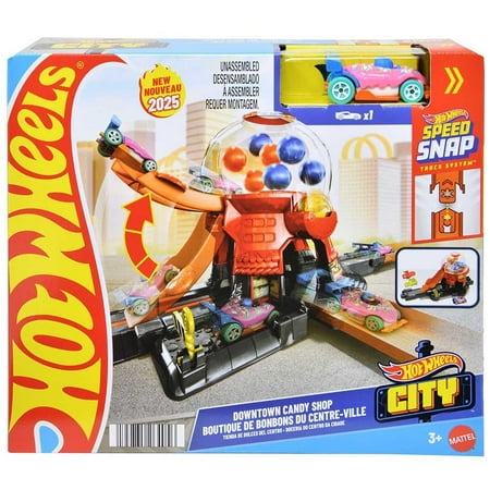 Hot Wheels Downtown Candy Shop, Gumball Machine Playset with 1:64 Scale Die-Cast Donut-Shaped Vehicle
