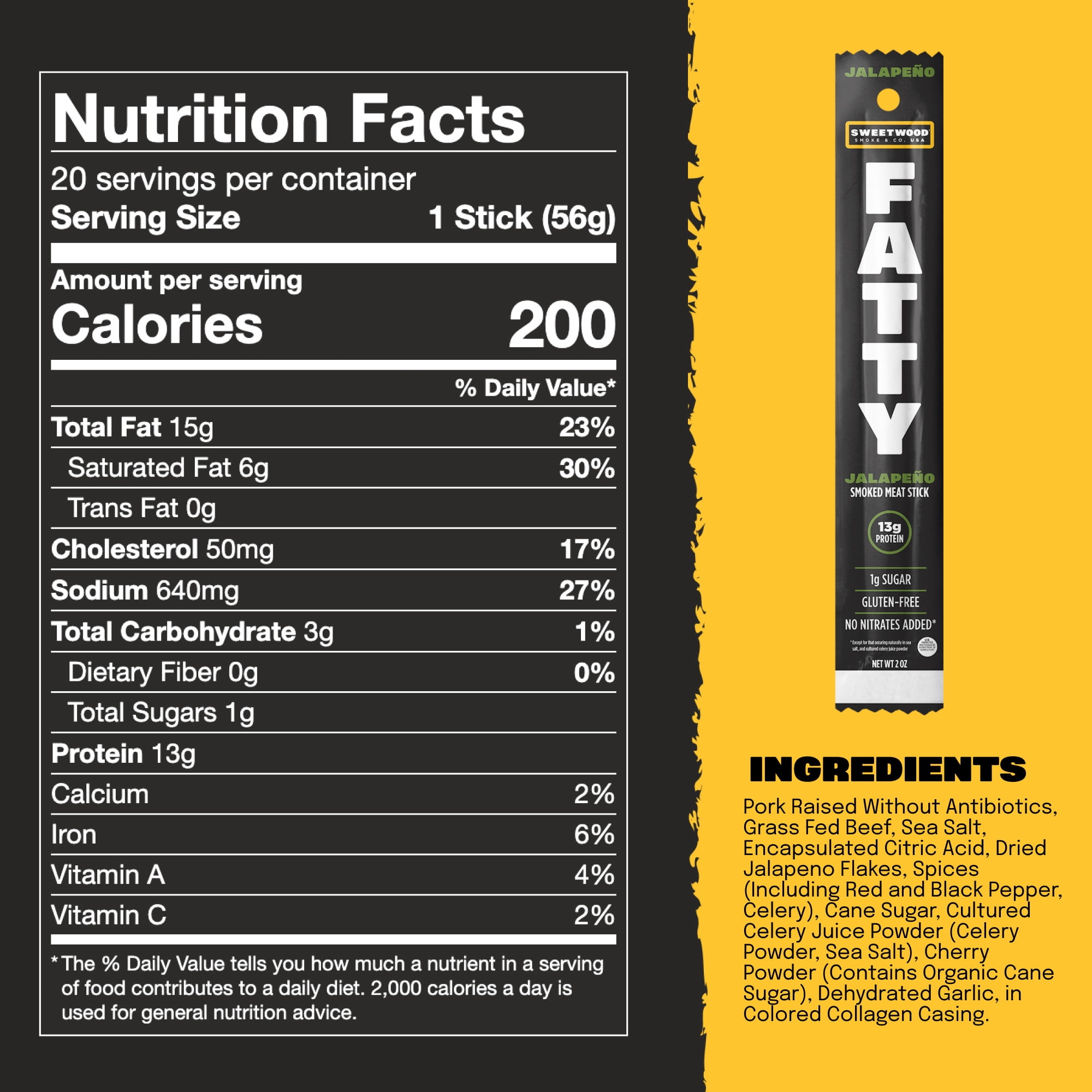FATTY Meat Sticks, Grass-Fed Beef, High Protein Snack, Camping, Sports, Road Trip, Low Carb, Gluten Free, MSG Free, Nitrate Free, Jalapeno Flavor, 2 oz.