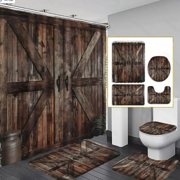 Simple Wooden Door Theme Home Shower Curtain Set, Includes 72x72-inch Shower Curtain, U-Shaped Toilet Seat Cover, Non-Slip Bath Mat, and 12 Hooks
