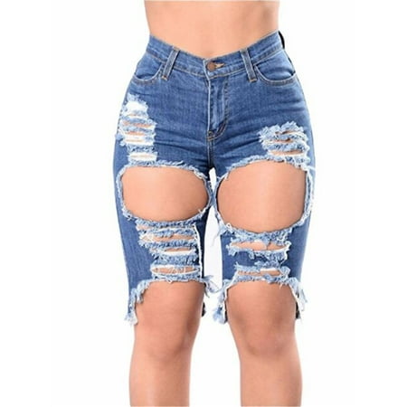 Women Ripped Holes Style Skinny Knee Length Denim Shorts