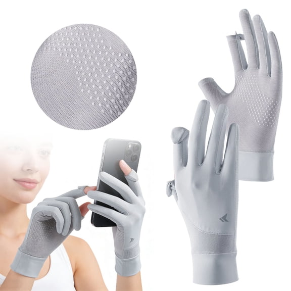 Sun Protection Gloves Women, Full Finger Ice Silk Touchscreen Non Slip Driving Gloves, Light Ashy