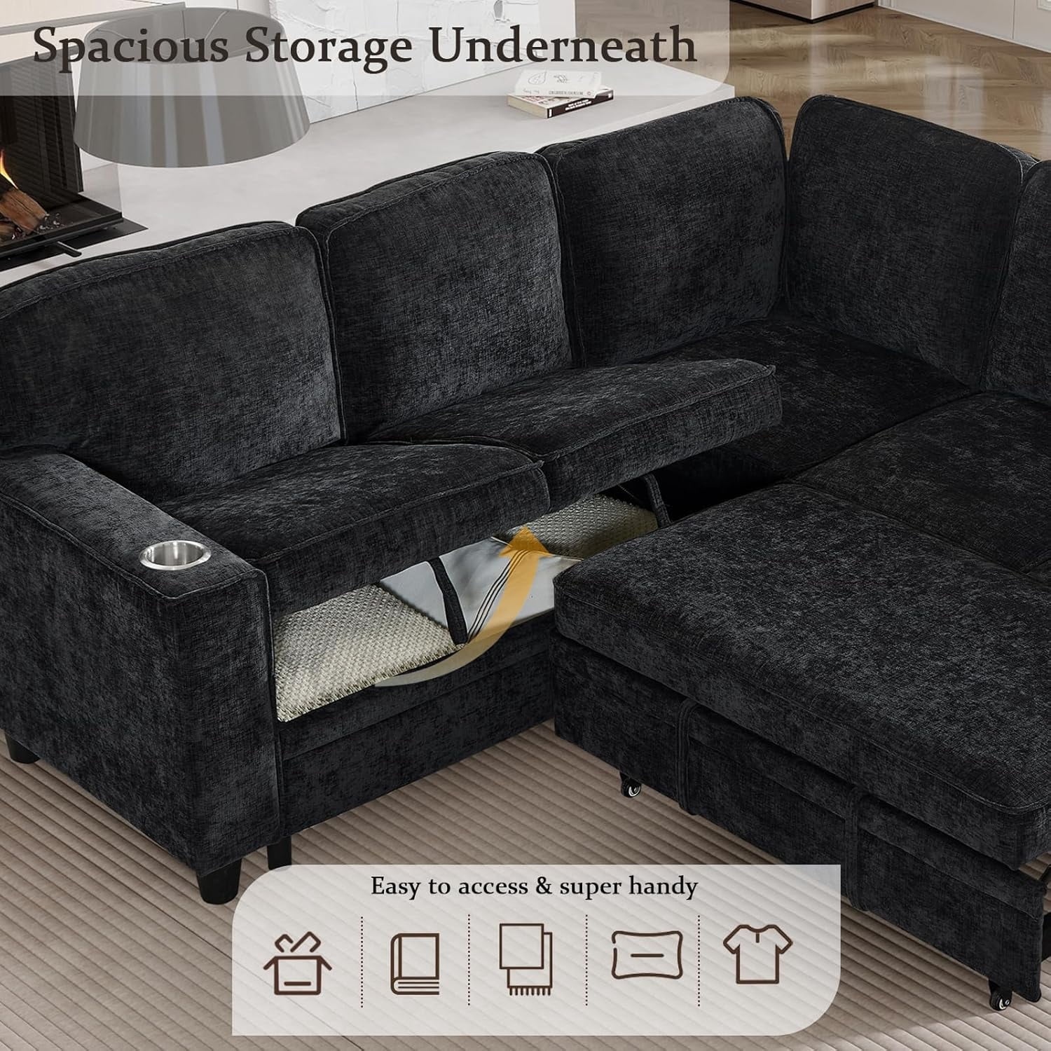 Howcool Modular Sectional Sleeper Sofa, 81" L-Shaped Oversized Cloud Couch with Pull-Out Bed, 5-Seat Chenille Sofa with Storage Chaise, USB Charging and Cup Holders for Living Room Apartment,Black