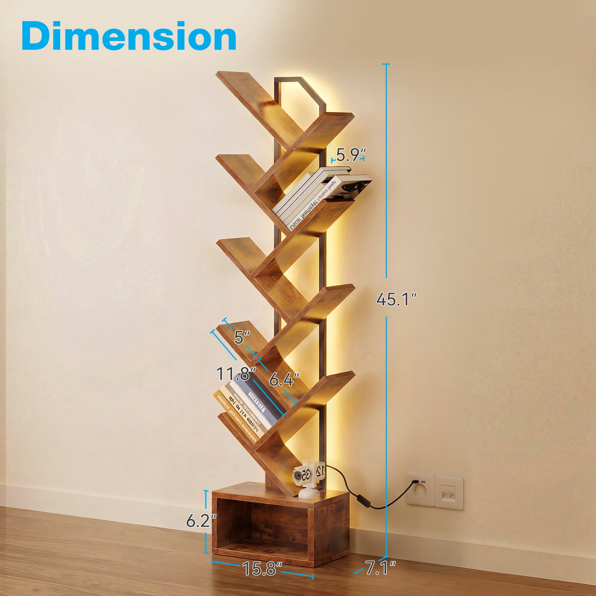 Casacomoda 8 Tier Tree Bookshelf, Bookcase with LED Lights, Display Floor Standing Storage Shelf, Book Organizer Shelves for Home Office, Living Room, Vintage
