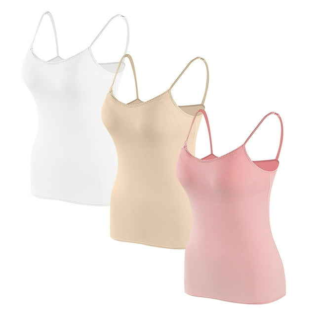 Timegard Camisoles pour Femmes 3 Pcs avec Soutien-Gorge Intégré Col Rond Bretelles Spaghetti Ajustées Douces Maillots de Corps Décontractés Hauts de Pyjama