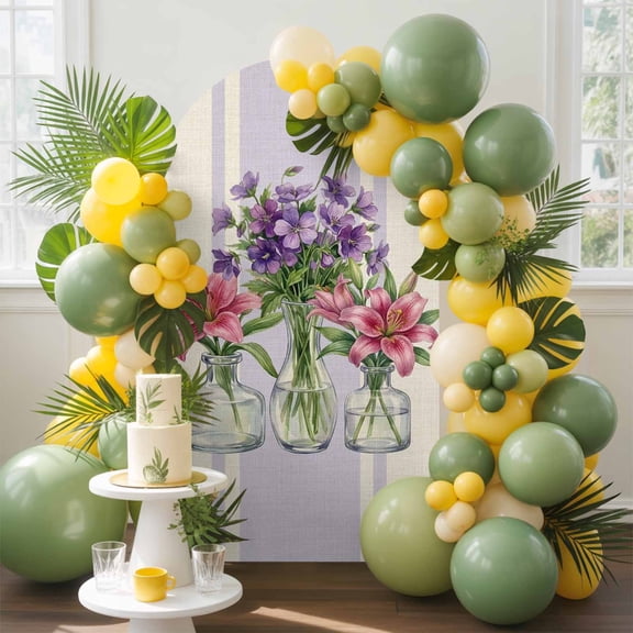 Summer Floral Arch Backdrop Cover, 5FT, Watercolor Lily Rustic Farmhouse Flowers Linen Texture Spandex Arch Covers Double-Sided Backdrop for Wedding Birthday Party Photo Background Decoration