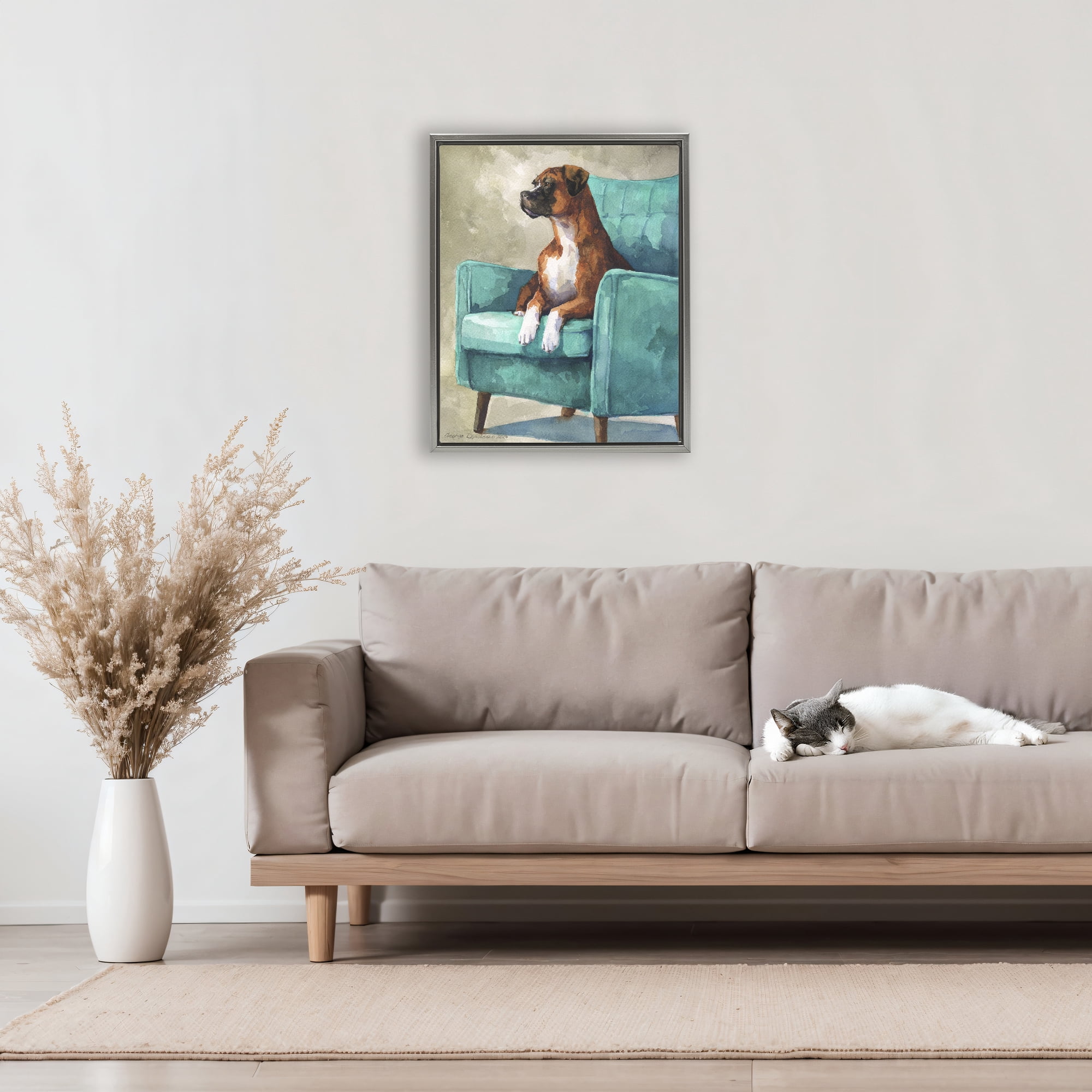 Stupell Industries Majesty Boxer on Armchair Gray Framed Floater Canvas Wall Art, design by George Dyachenko