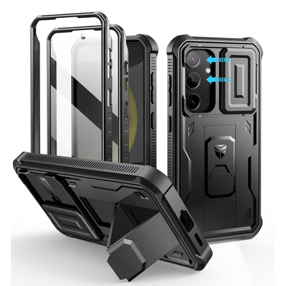 Dexnor for Samsung Galaxy S24 Case with Built-in Slide Camera Cover & Screen Protector & Kickstand, Heavy-Duty Shockproof Rugged Case Full-Body Bumper Protective Cover for Galaxy S24 2024, Black