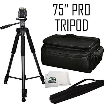 Pro Series Camera Bag - Professional 75-inch Tripod 3-way Panhead Tilt Motion with Built In Bubble Leveler + Rugged Series Water Resistant, Adjustable Shoulder Strap, Heavy Duty, Shock Proof Pro Camcorder Carrying Case for T