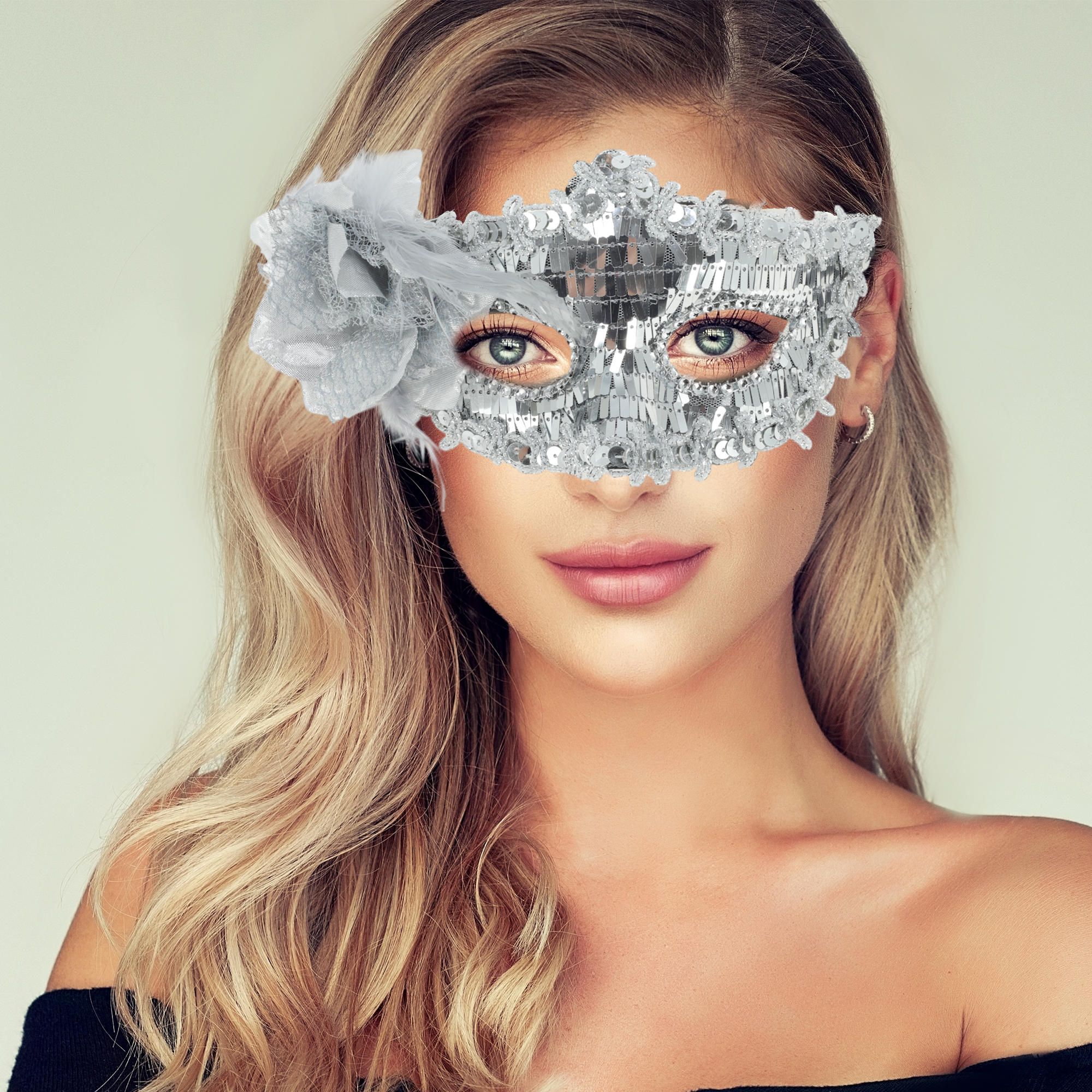 Unique Bargains 1 Box Elegant Floral Sequins Half Face Party Mask Silver Tone