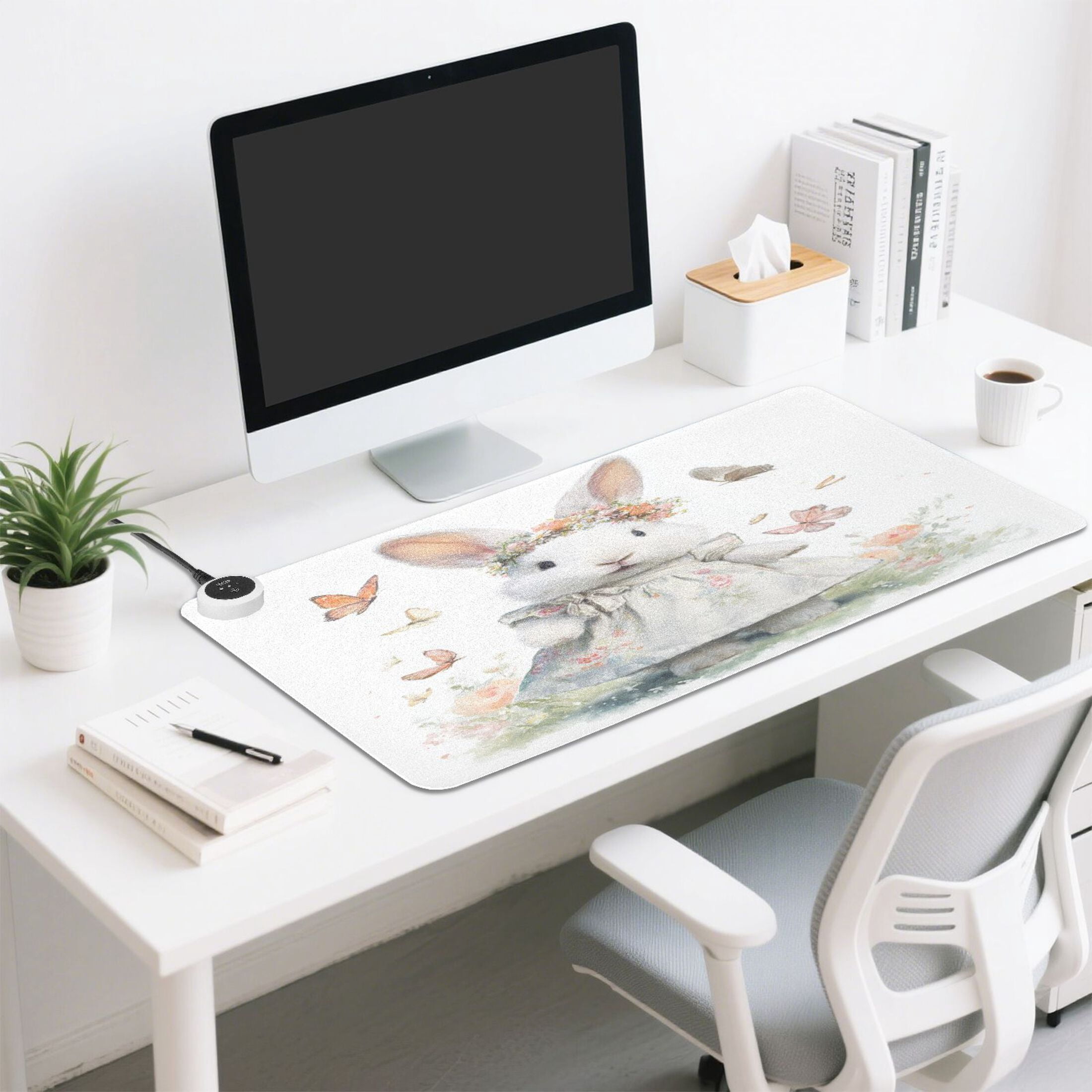 Large Heated Desk Mat Mouse Pad 31.5"x13"PU Leather Graphene Heating Desk Warmer with 3 Temperature Settings 110V US Plug Non-Slip Warm Pad for Home, Office, and Gaming Cute White Little Rabbit