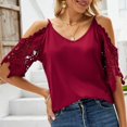 thumbnail image 5 of AOOCHASLIY Tunic Tops for Women Womens Summer V Neck Cold Shoulder T Shirts Cut Out Lace Short Sleeve Solid Color Blouses Shirt, 5 of 9