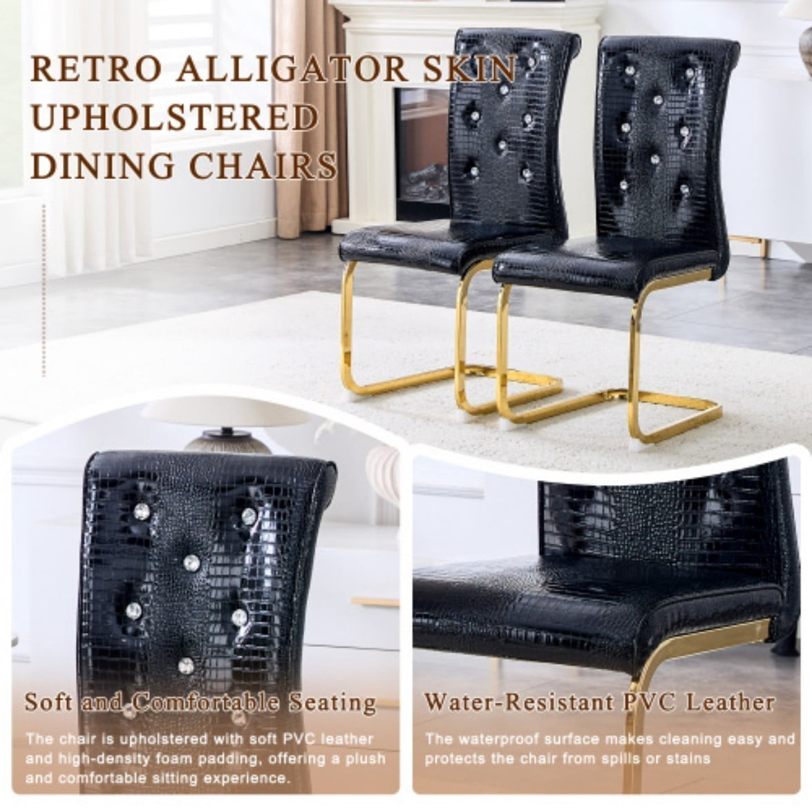 Set of 2 Retro Dining Chairs, Faux Alligator Leather Upholstered Chairs with Crystal Button Details & Plated Metal Bow Legs, 400 LBS, Black & Gold