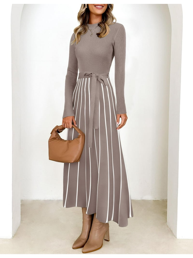 YOGAFOX Womens Fall Turtleneck Tie Waist Long Sleeve Ribbed Knit Midi Dress  Khaki XL - Walmart.com