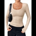 thumbnail image 2 of Camisas de Larga con Cuello Redondo para Mujer, Blusas Informales de Punto Acanalado de Corte Ajustado, Camisetas Básicas de Trabajo para Verano y Otoño. Caqui L, 2 of 9