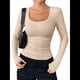 thumbnail image 2 of Camisas de Larga con Cuello Redondo para Mujer, Blusas Informales de Punto Acanalado de Corte Ajustado, Camisetas Básicas de Trabajo para Verano y Otoño. Caqui M, 2 of 9