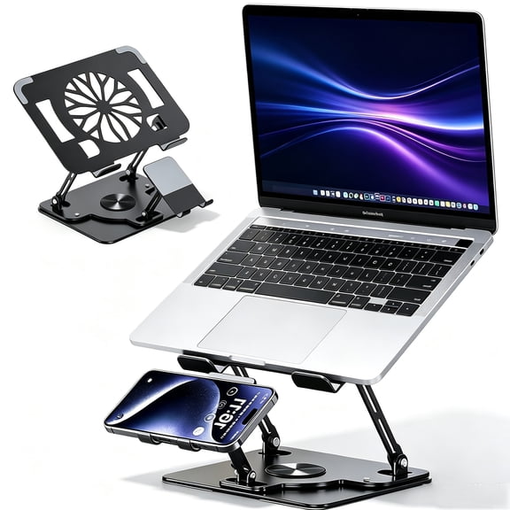 ASKITO Cooling Laptop Stand, 2-in-1 Phone/Laptop Stand for 10"-17'' Notebook, 360° Rotatable Height Adjustable & Foldable Protable, Black
