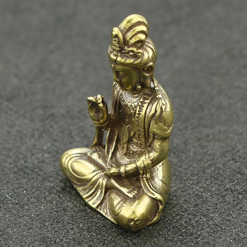 Mini Buddha Guanyin Home Figurine Solid Brass Statue Office Desk Decor Ornament