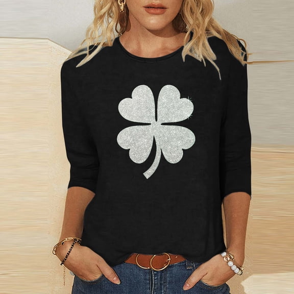St. Patrick's Day T-Shirt for Women Glitter Texture Shamrock Clover Graphic Crewneck Long Sleeve Loose Fit Soft Festive Holiday Graphic Tee Top