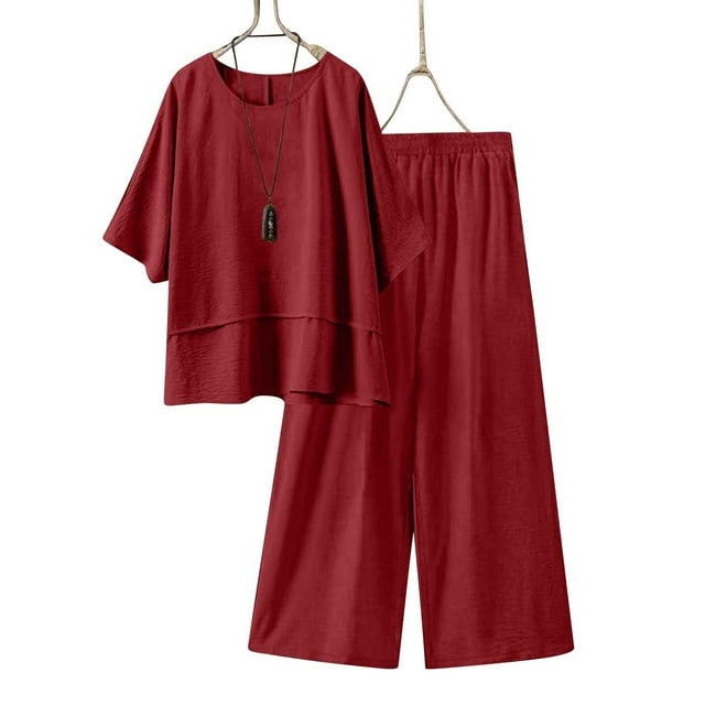 Soki Ensembles 2 Pcs en Lin pour Femmes, Hauts à Manches Courtes, Pantalons à Jambes Larges, Ensembles Décontractés d'Été